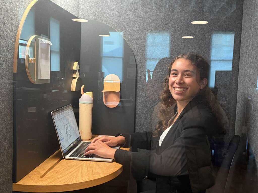 Kaia working at the Pacific Media Workers Guild as part of her internship placement in Coro’s summer youth leadership program.