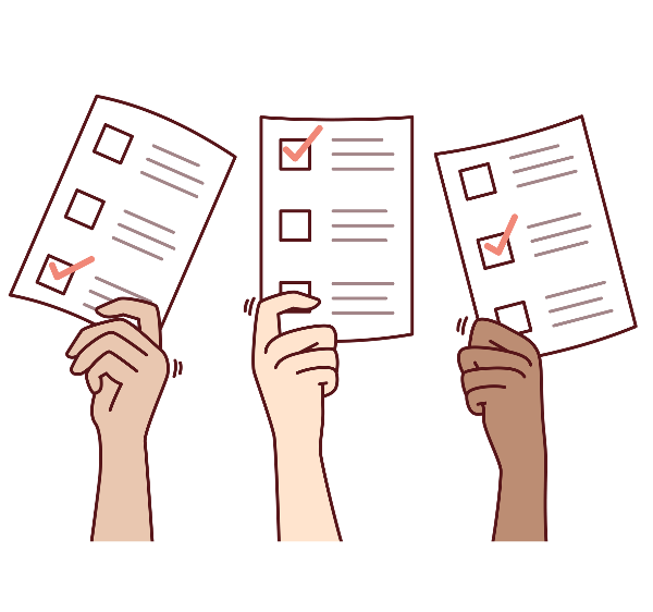 Three hands holding completed ballots.